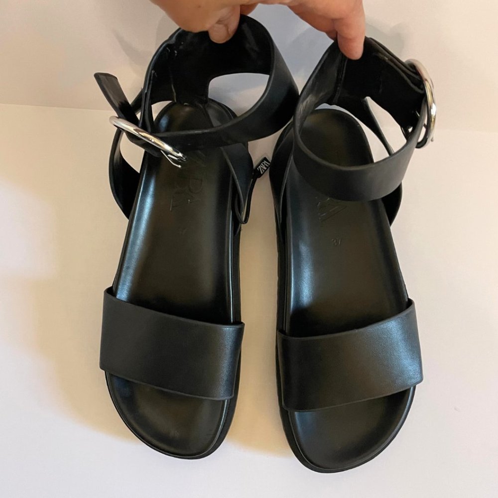 Zara Black Leather Sandals w/Comfy Soles (Never worn!)